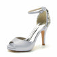 Peep-Toe Wedding Shoes Satin Prom Heels Ankle Strap Pumps With Crystal Detail