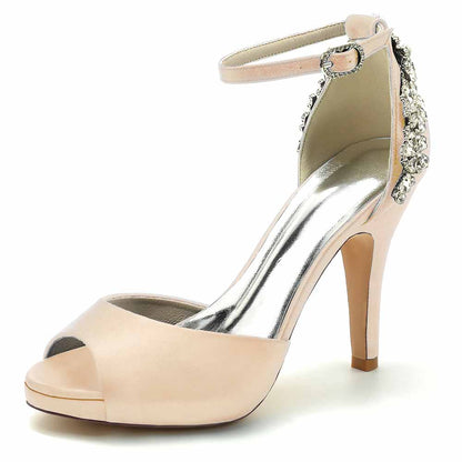 Peep-Toe Wedding Shoes Satin Prom Heels Ankle Strap Pumps With Crystal Detail