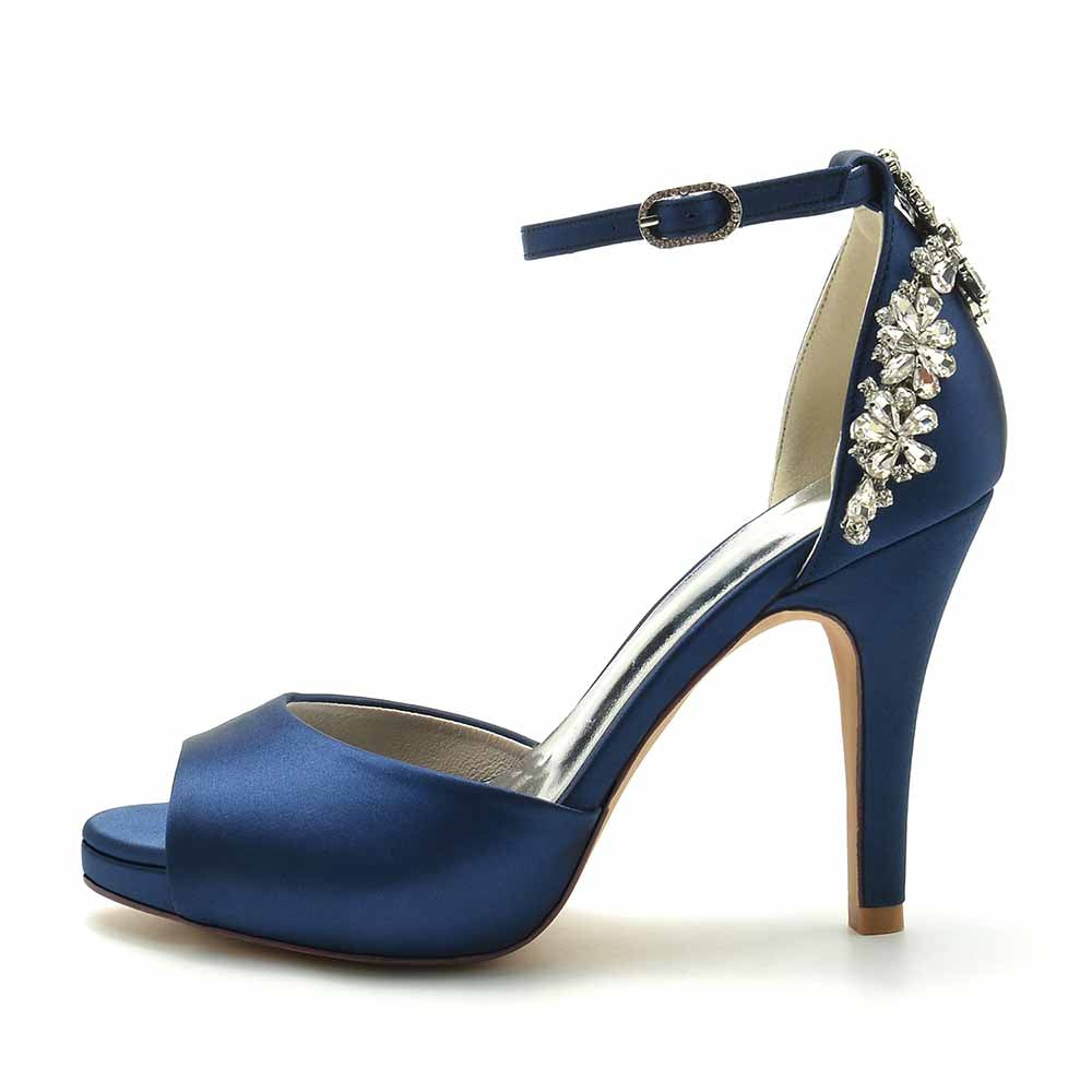 Peep-Toe Wedding Shoes Satin Prom Heels Ankle Strap Pumps With Crystal Detail