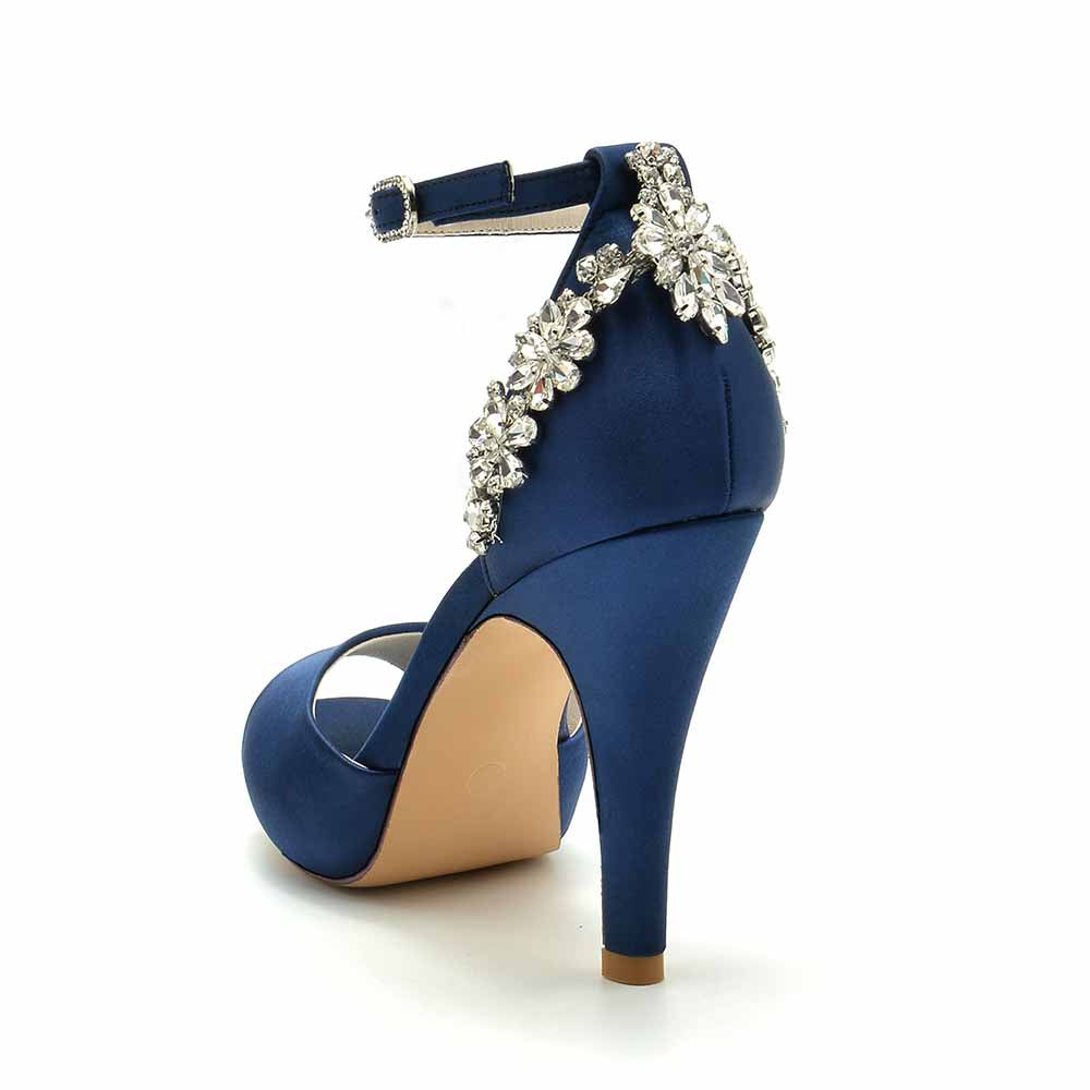 Peep-Toe Wedding Shoes Satin Prom Heels Ankle Strap Pumps With Crystal Detail