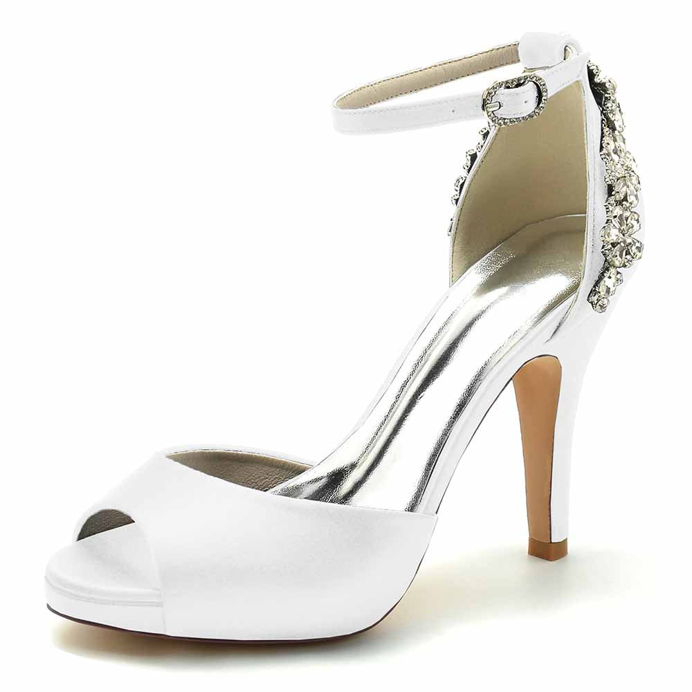 Peep-Toe Wedding Shoes Satin Prom Heels Ankle Strap Pumps With Crystal Detail