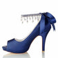 Peep-Toe Wedding Shoes Satin Prom Heels Crystal Beaded Ankle Strap Pumps