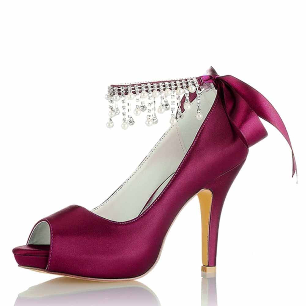 Peep-Toe Wedding Shoes Satin Prom Heels Crystal Beaded Ankle Strap Pumps