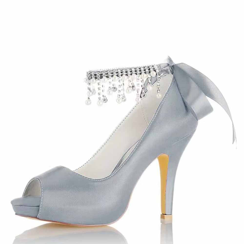 Peep-Toe Wedding Shoes Satin Prom Heels Crystal Beaded Ankle Strap Pumps