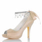 Peep-Toe Wedding Shoes Satin Prom Heels Crystal Beaded Ankle Strap Pumps