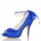 Peep-Toe Wedding Shoes Satin Prom Heels Crystal Beaded Ankle Strap Pumps