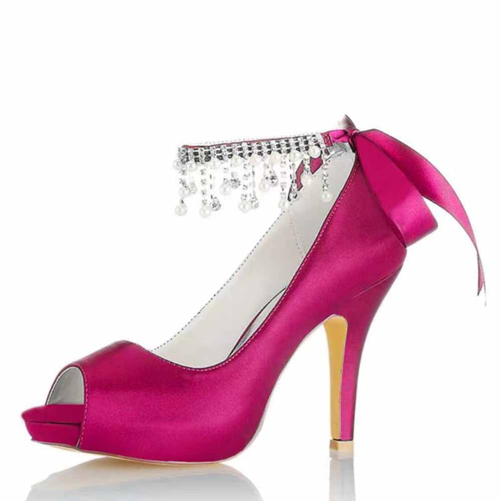 Peep-Toe Wedding Shoes Satin Prom Heels Crystal Beaded Ankle Strap Pumps