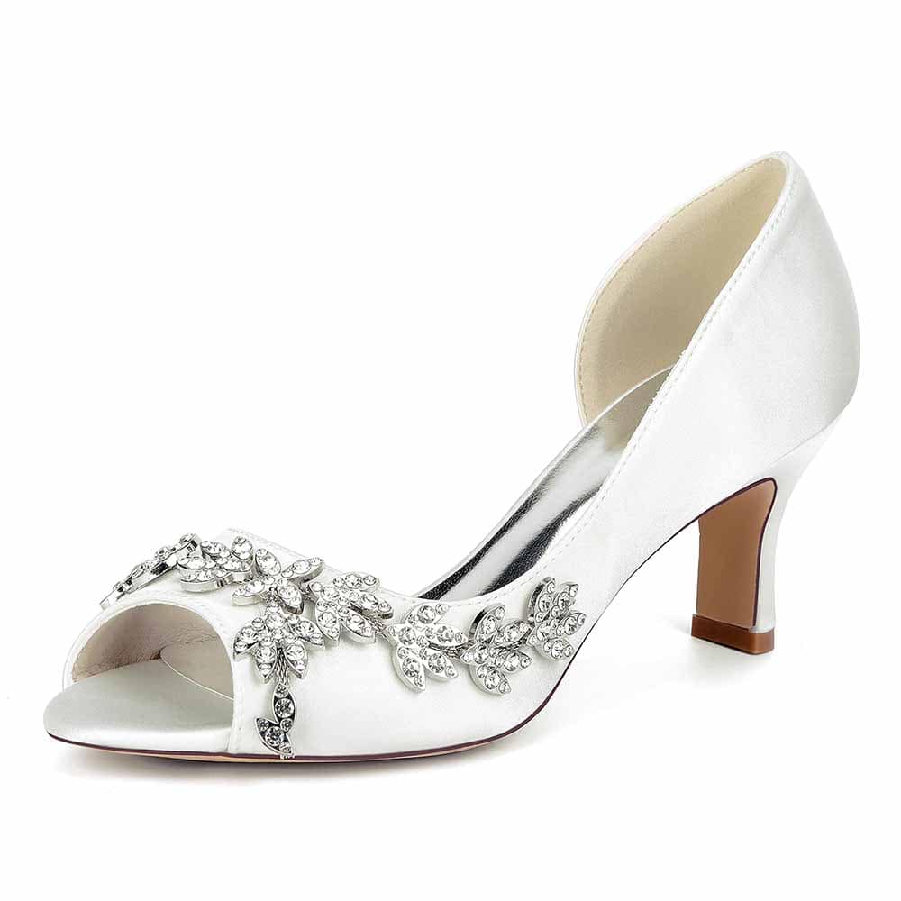 Peep Toe Low Heels Wedding Shoes Rhinestones Bridal Heels Dress Shoes