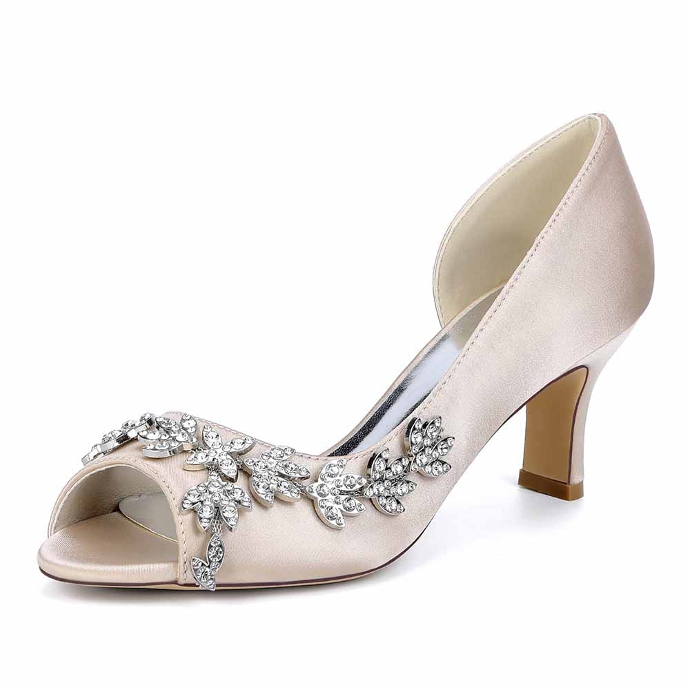 Peep Toe Low Heels Wedding Shoes Rhinestones Bridal Heels Dress Shoes