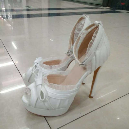 Peep Toe Platform Sandals Lace-Up Stiletto Heels Satin Wedding Shoes