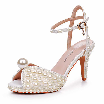 Peep Toe Wedding Shoes Pearls Detail Bridal Heels Prom Shoes