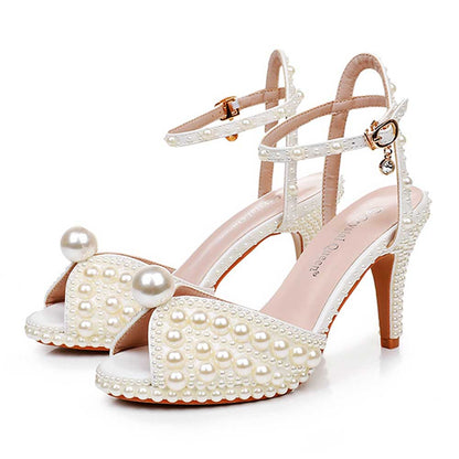 Peep Toe Wedding Shoes Pearls Detail Bridal Heels Prom Shoes