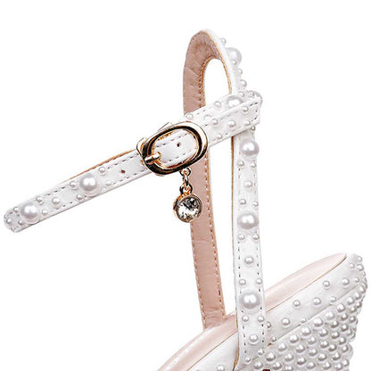 Peep Toe Wedding Shoes Pearls Detail Bridal Heels Prom Shoes