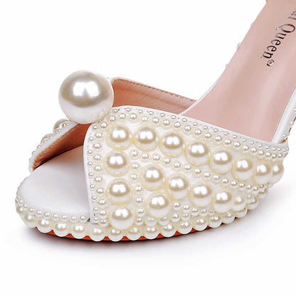 Peep Toe Wedding Shoes Pearls Detail Bridal Heels Prom Shoes