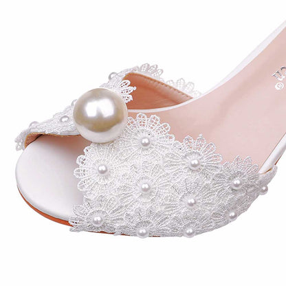 Peep Toe Wedding Shoes Pearls Flower Appliqued Bridal Sandals Dress Shoes