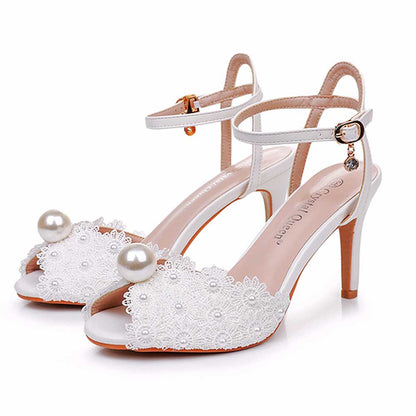 Peep Toe Wedding Shoes Pearls Flower Appliqued Bridal Sandals Dress Shoes