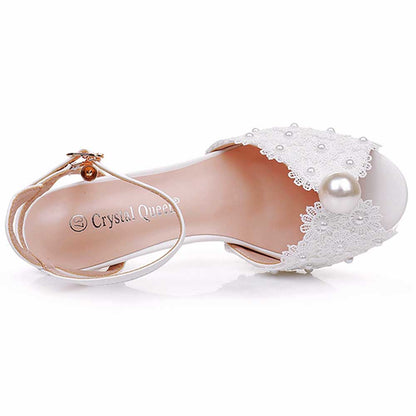 Peep Toe Wedding Shoes Pearls Flower Appliqued Bridal Sandals Dress Shoes