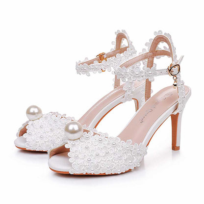 Peep Toe Wedding Shoes Pearls Flower Appliqued Bridal Sandals Prom Shoes