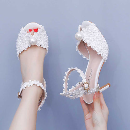 Peep Toe Wedding Shoes Pearls Flower Appliqued Bridal Sandals Prom Shoes
