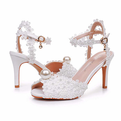 Peep Toe Wedding Shoes Pearls Flower Appliqued Bridal Sandals Prom Shoes