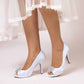 3.35" Peep Toe Wedding Shoes Satin Dress Heels Crystal Detail Event Pumps