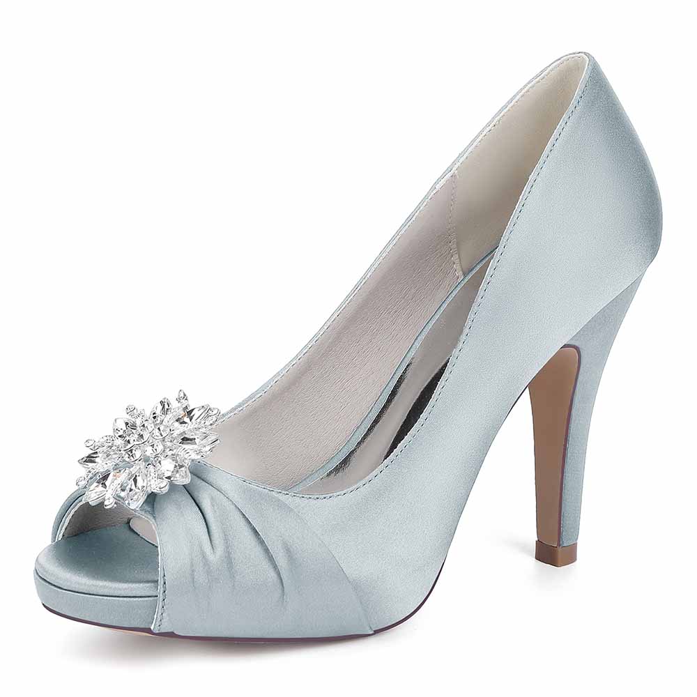 3.35" Peep Toe Wedding Shoes Satin Dress Heels Crystal Detail Event Pumps