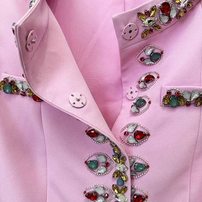 Pink Embellished Beaded Pantsuit Middle Length Coat and Pants Set