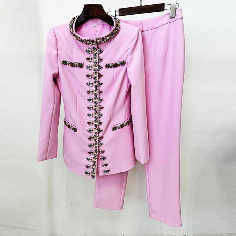 Pink Embellished Beaded Pantsuit Middle Length Coat and Pants Set