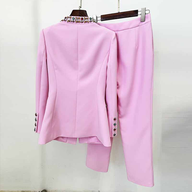 Pink Embellished Beaded Pantsuit Middle Length Coat and Pants Set