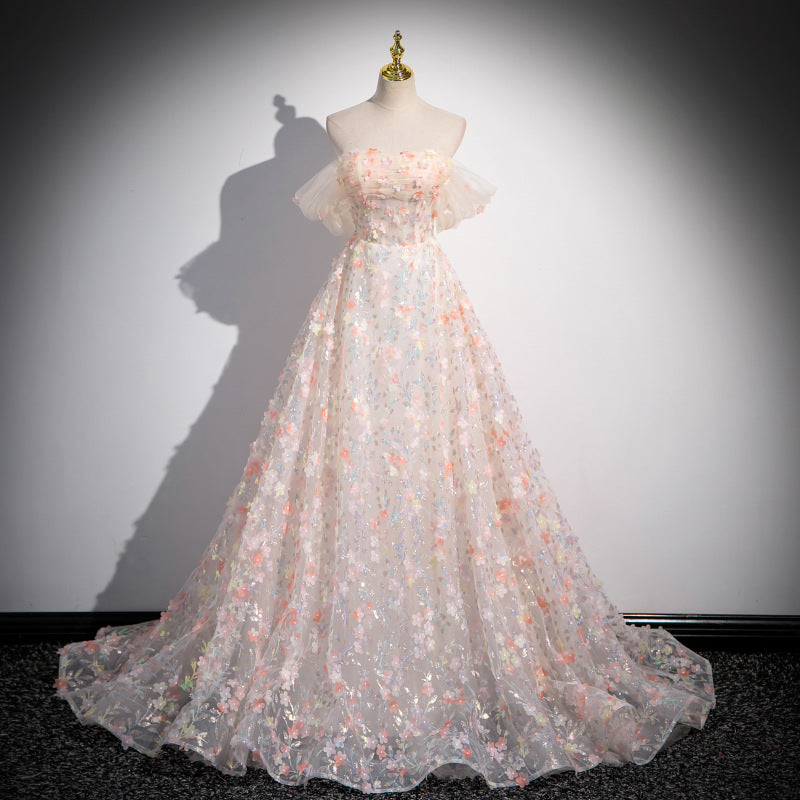 Pink Floral Tulle Prom Dress with Off-Shoulder Sleeves | 3D Flower Evening Gown for Quinceanera & Sweet 16
