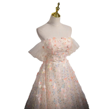 Pink Floral Tulle Prom Dress with Off-Shoulder Sleeves | 3D Flower Evening Gown for Quinceanera & Sweet 16