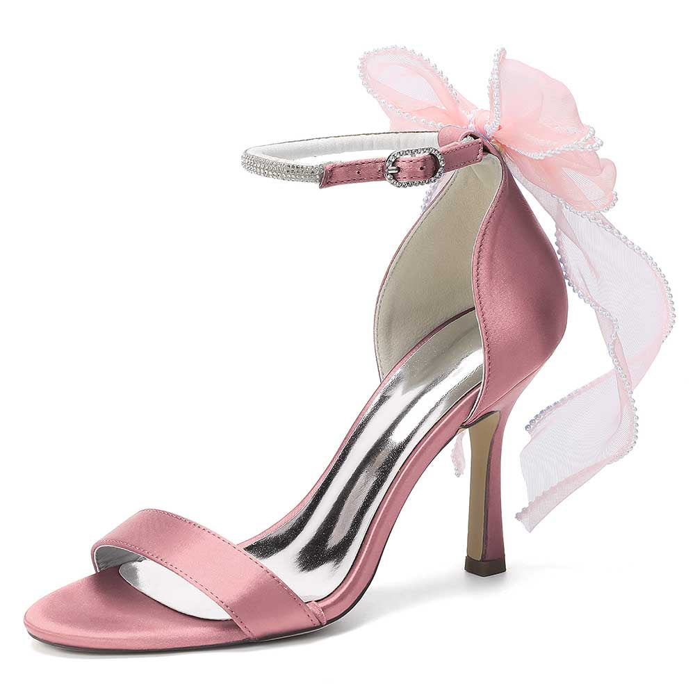 High Heel Sandals for Women | Bridal Wedding Shoes with Ankle Strap & Organza Bow | Satin Open Toe Stilettos for Party Evening Formal