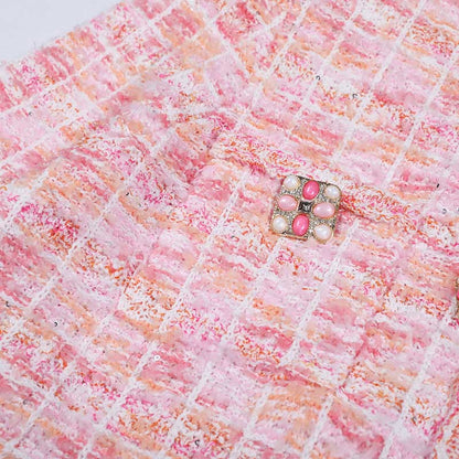 Pink Knit Top Short Skirt Suit Button-Up Cardigan Jacket + Mini Skirt Set