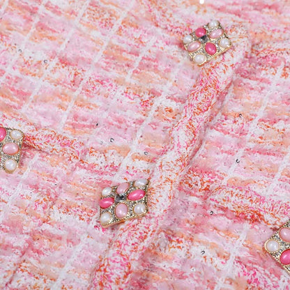 Pink Knit Top Short Skirt Suit Button-Up Cardigan Jacket + Mini Skirt Set