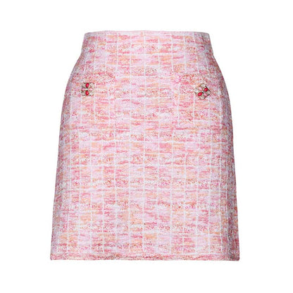 Pink Knit Top Short Skirt Suit Button-Up Cardigan Jacket + Mini Skirt Set