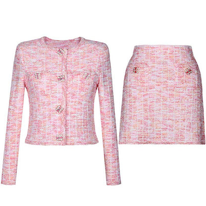Pink Knit Top Short Skirt Suit Button-Up Cardigan Jacket + Mini Skirt Set