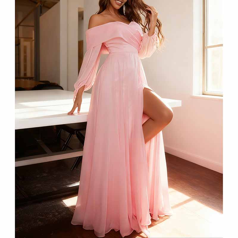 Pink Off Shoulder Long Sleeve A-Line Prom Dress with High Split | Custom Formal Gown