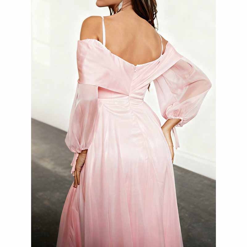 Pink Off Shoulder Long Sleeve A-Line Prom Dress with High Split | Custom Formal Gown