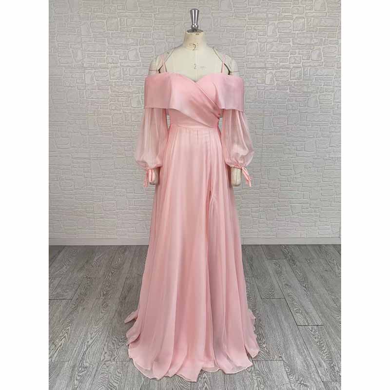 Pink Off Shoulder Long Sleeve A-Line Prom Dress with High Split | Custom Formal Gown