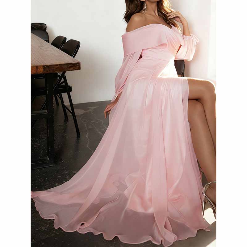 Pink Off Shoulder Long Sleeve A-Line Prom Dress with High Split | Custom Formal Gown