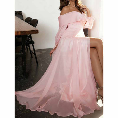 Pink Off Shoulder Long Sleeve A-Line Prom Dress with High Split | Custom Formal Gown