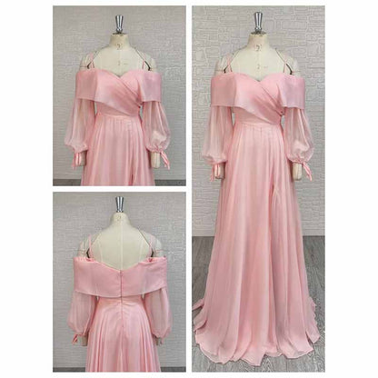 Pink Off Shoulder Long Sleeve A-Line Prom Dress with High Split | Custom Formal Gown