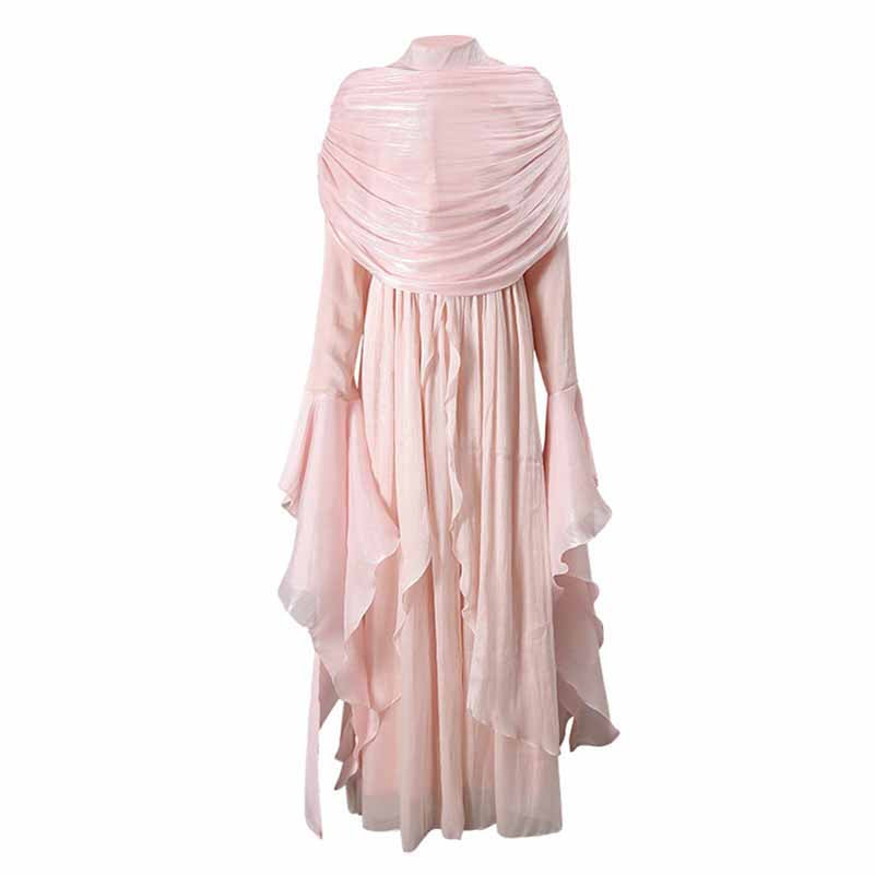 Pleated Maxi Dress with Ruffle Hem – Elegant Flare Sleeve & Flowy Sash