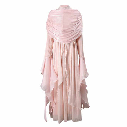 Pleated Maxi Dress with Ruffle Hem – Elegant Flare Sleeve & Flowy Sash