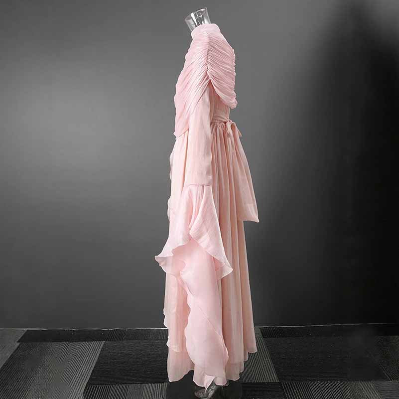 Pleated Maxi Dress with Ruffle Hem – Elegant Flare Sleeve & Flowy Sash