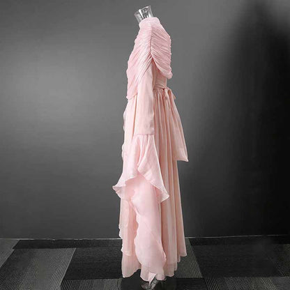 Pleated Maxi Dress with Ruffle Hem – Elegant Flare Sleeve & Flowy Sash