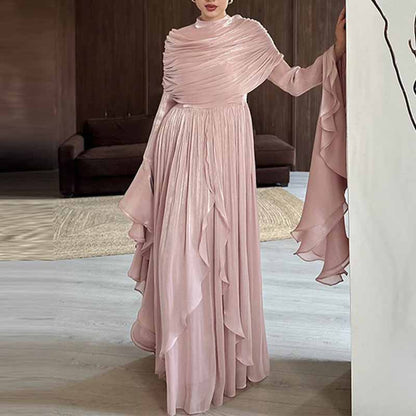 Pleated Maxi Dress with Ruffle Hem – Elegant Flare Sleeve & Flowy Sash