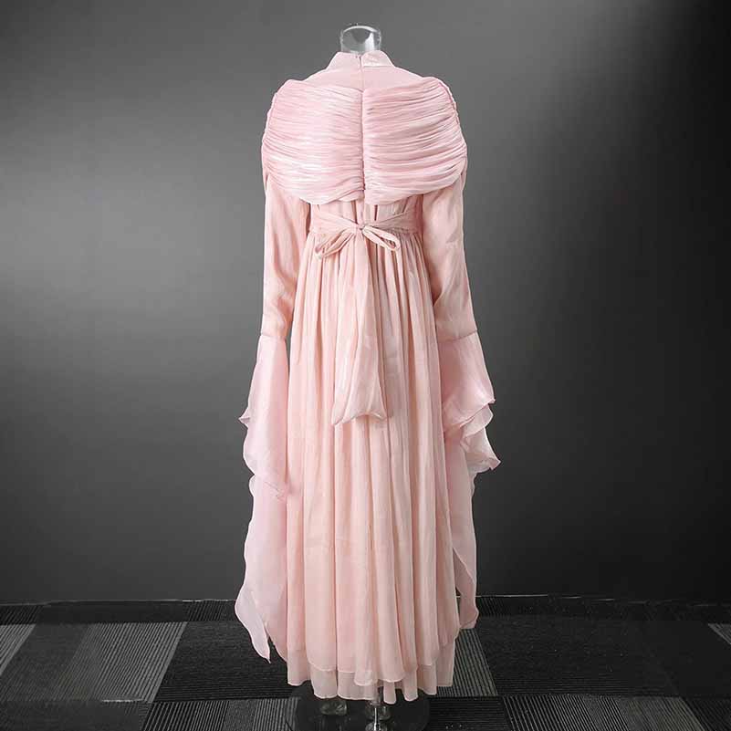 Pleated Maxi Dress with Ruffle Hem – Elegant Flare Sleeve & Flowy Sash