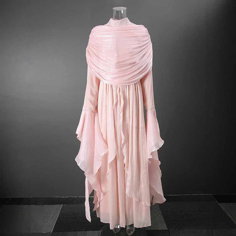 Pleated Maxi Dress with Ruffle Hem – Elegant Flare Sleeve & Flowy Sash