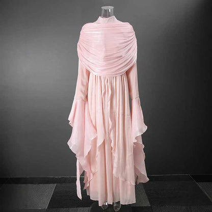 Pleated Maxi Dress with Ruffle Hem – Elegant Flare Sleeve & Flowy Sash